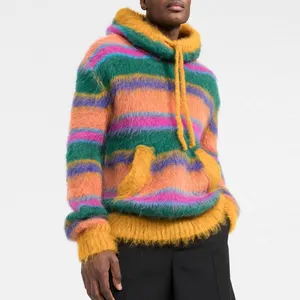 Mens Striped Knitted Mohair Hoodies Pullover Jersei Knit Design Jersei Jumper Knit Design Pullover Custom Hooded Sweater Jersei