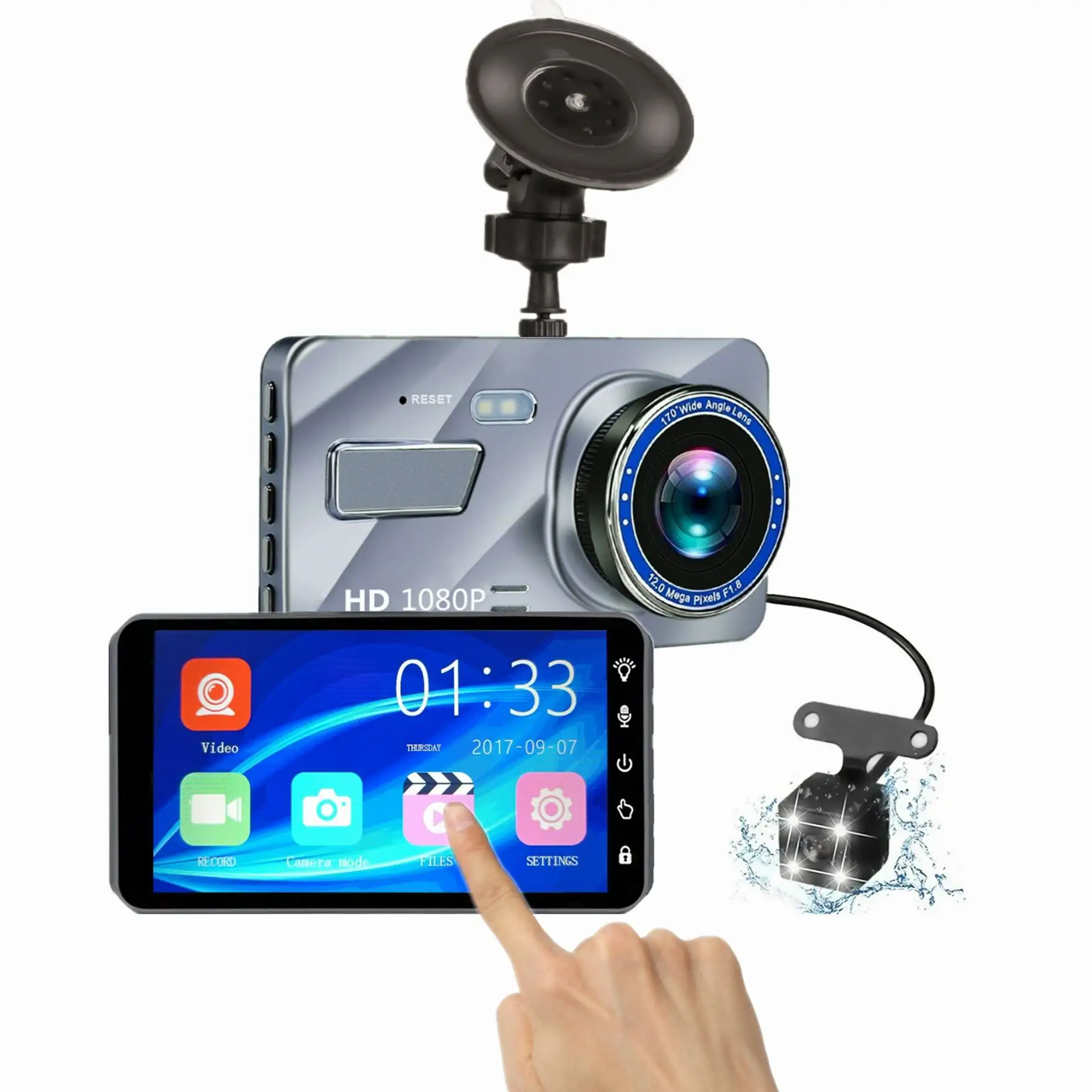 Caméra de tableau de bord de voiture à écran tactile de 4 pouces HD 1080P double caméra automatique enregistreur DVR pour Support de voiture pour caméra de recul