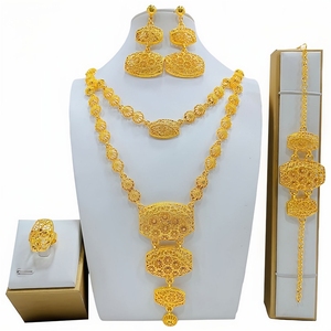 Модные позолоченные ювелирные наборы из 4 предметов: кольцо, браслет, ожерелье, серьги для свадьбы в Дубае, Саудовская Аравия - Product Image 3