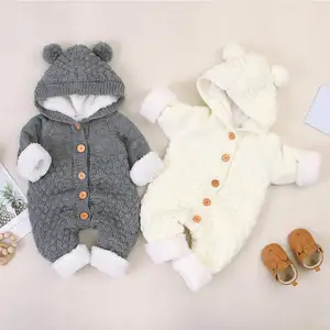 2021 Winter Custom Logo Design Baby Hooded Knitted Rompers Newborn Girls' Boys' Warm Sweater Jumpsuit New Born Baby Clothing