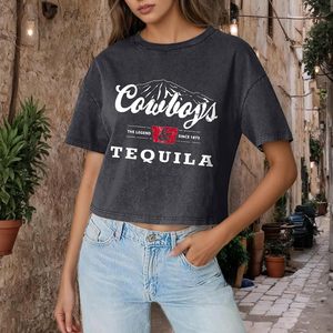 T-shirt court femme FOXA Western Cowboy, motif vintage, en jersey de coton délavé à l'acide, anti-rétrécissement - Product Image 4
