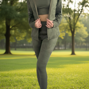 3-Piece Military Green Camouflage Yoga Set with High Elastic Polyamide Elastane Leggings, <b>Crop</b> <b>Top</b>, and Zip-Up Jacket, Full Leng - Product Image 2