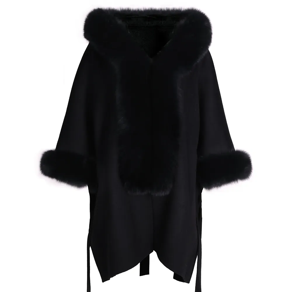 2022 शरद ऋतु सर्दियों महिलाओं उच्च-गुणवत्ता शानदार काला शॉल कॉलर केप Hooded ऊनी कोट