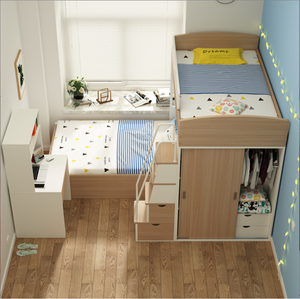 Lits superposés muraux en bois de pin massif écologiques modernes pour adolescents avec rangement, armoire et bureau double - Product Image 3