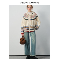 VEGA CHANG Nouveau cardigan en tricot pour femmes d'hiver, pull à capuche Fair Isle, veste rétro à fermeture éclair avec motifs colorés et poches latérales