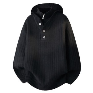 Pull tricoté à capuche pour homme, double couche, demi-zip, avec patte de boutonnage, style mode - Product Image 5