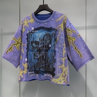 T-shirt unisexe 100% coton surdimensionné, logo personnalisé, impression numérique directe, strass, perles, 270 grammes, style ample hip-hop avec motif