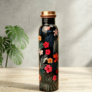 Bouteille d'eau en cuivre pur à imprimé floral tropical, bouteille à boire en cuivre artisanale de designer, anti-fuite, stockage d'eau ayurvédique - Product Image 1
