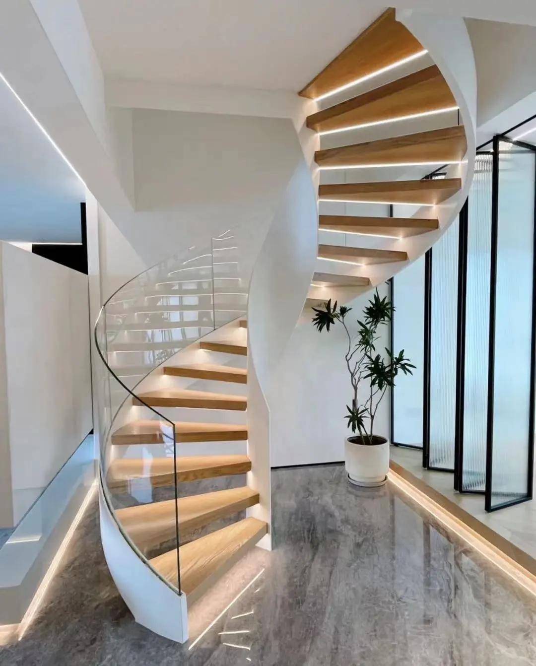 VIKO 2023 Top Quality Pure White Slate Curved Staircase Spiral Staircase LED Staircase Indoor