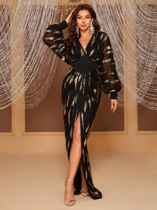 Lüks siyah v yaka köpüklü abiye zarif kadın parti uzun etek uzun kollu kokteyl parti elbise top elbise - Product Image 3