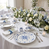 Assiettes de Dîner en Céramique Bleu Rose Vintage Français en Gros, Assiettes de Présentation à Bord Festonné en Porcelaine pour Mariages et Événements