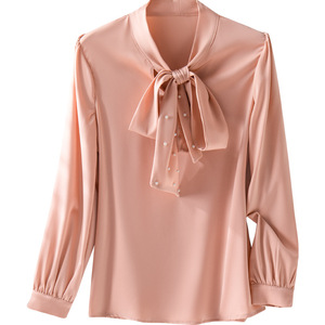 <b>Pink</b> Pearl Bow Blouse Women Long Sleeve Chiffon Top For Commuting Solid Color Polyester Shirt With Tie Neck Design - Product Image 5