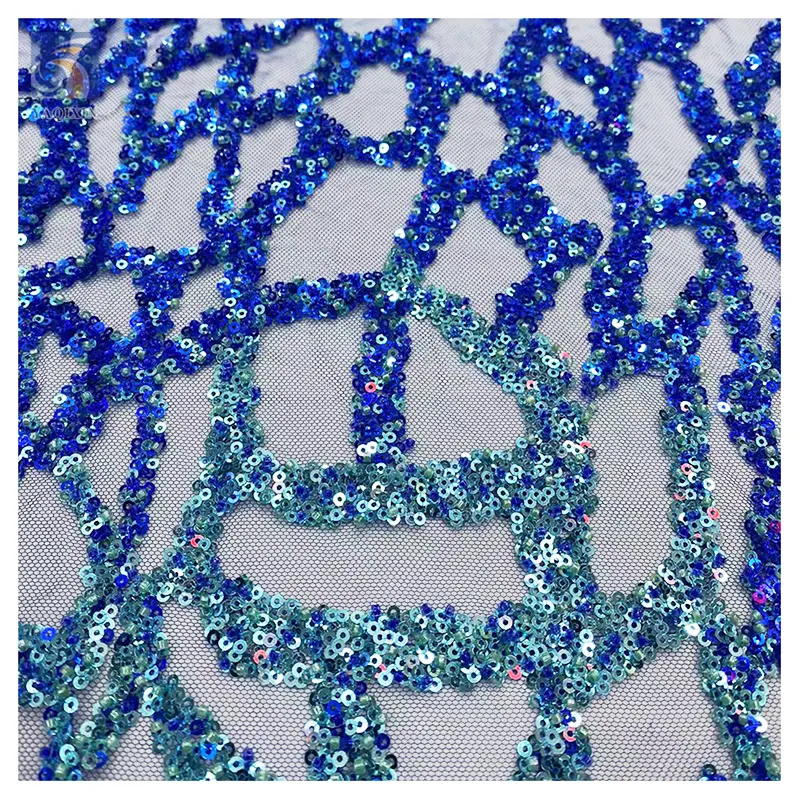 Sapphire Blue Hole Net Lace Fabric Nigeria 2024 Beaded Tube Crystal Sequin Embroidery Lace Fabric Gradient Dress Costume Fabric