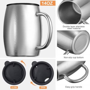 Custom logo 14oz <b>Cold</b> Drinks Coffee <b>Cups</b> With Spill Resistant Lid Strong Handle Stainless Steel Insulated Travel Coffee Mugs - Product Image 3