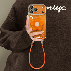 Nuova custodia per telefono con laccetto e motivo floreale <span class=keywords><strong>arancione</strong></span> effetto ghiaccio per <span class=keywords><strong>iPhone</strong></span> 17 16 15 Pro Max, con cornice glitterata argentata per la protezione della lente - Product Image 2