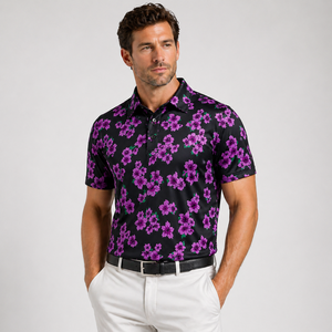 Camisa polo floral llamativa para hombre con logotipo de diseñador personalizado, estampado de flores moradas, top negro de verano - Product Image 2