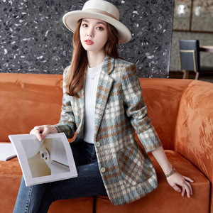 Women's Plaid Blazer Thick Woolen Autumn Winter Casual Elegant Outerwear Coat With Pocket - Product Image 2