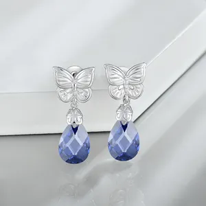 Fashion 925 Sterling Silver Rhodium-plated CZ Earrings Turtle Face Pear-shaped Blue Tanzanite Earrings