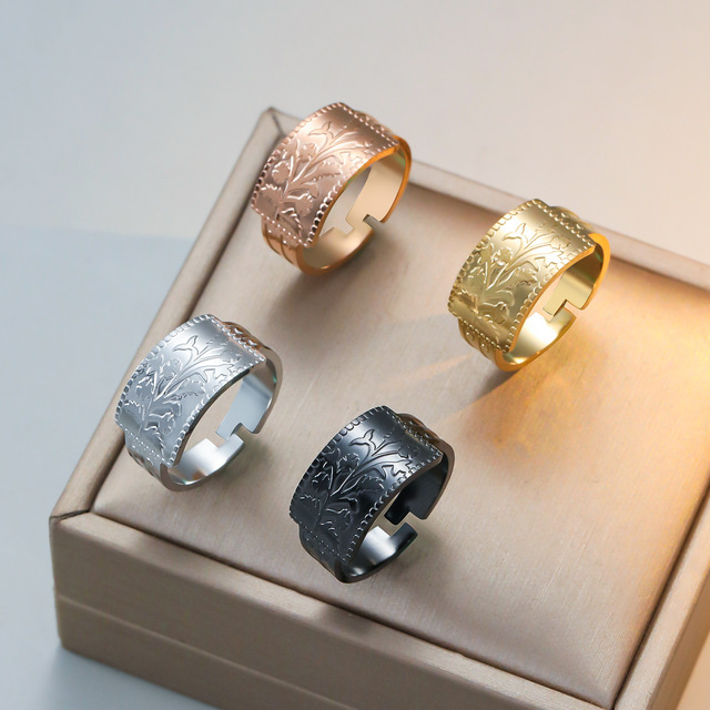 Vintage Style Floral Embossed Ring Silver Gold Rose Gold Black Color Adjustable Waterproof Stainless Steel Flower Leaf Band Ring