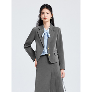 Women's Suit Set Gray Solid Color Slim Fit Blazer Skirt Professional Commuting Outfit - Product Image 1