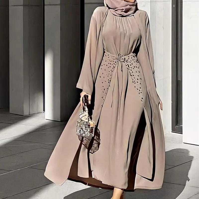 Dropshipping Pakaian Islami Timur Tengah Berlian, Pakaian Muslim Modern Dubai, Set Abaya 3 Potong, Gaun Sederhana