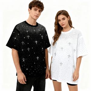 Camiseta de Hombre Oversize con Diseño Vintage Lavado, Estampado de Estrellas y Cruces con Pedrería, Corte Boxy, Novedad 2026 - Product Image 2