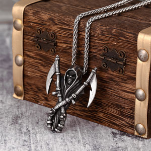 Collana con Ciondolo Teschio e Falce della Morte in Acciaio Inossidabile, Gioiello Gotico Punk alla Moda, Gioielleria Vintage da Uomo - Product Image 2