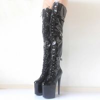 Chaussures gothiques pour femmes, bottes à talons hauts de 20 cm, plateforme, genou, noir, boucle, bande étroite, chaussures en PU pour femmes, 8 pouces, blanc, club de strip-tease, nouveau