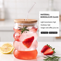 Gobelet en verre à effet ondulé, transparent, texturé, verre à boire unique, verrerie ondulée avec couvercle pour jus, eau, café