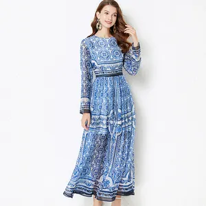 LE1385 Dünnes Seiden chiffon Blau und Weiß Porzellan Majolica Bedrucktes Freizeit kleid Elegantes Kleid mit Rundhals ausschnitt Großer Rock Zug A-Linie Kleid