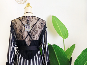 Femme Satin Sexy <span class=keywords><strong>Robe</strong></span> De Nuit Lace Women Robes Pink and Black Letter Dames 2 piezas de manga larga a rayas batas de baño - Product Image 2