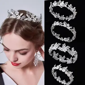 Pearl Tiara Crown Alloy Princess Headband White Wedding Headdress Hair Accessories For Bride