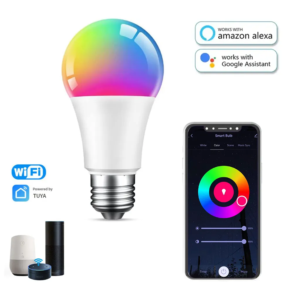 E26 E27 B22 A60 A19 lampu LED, bohlam LED rumah pintar dapat diredupkan dengan kendali suara Bluetooth WiFi CCT Multi Warna