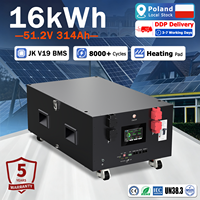 Batterie Lifepo4 16 kWh 51,2 V 314 Ah JK V19 BMS avec coussin chauffant pour système d'alimentation hors réseau domestique, en stock en Pologne