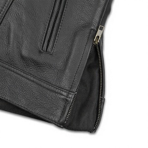 <b>Men's</b> Black Genuine <b>Leather</b> Windproof Casual Moto <b>Vest</b> Stand Collar Covered Button Closure Sleeveless Outerwear Winter - Product Image 4
