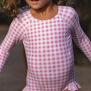 Minimum order quantity Checkered print sun protection kids <b>swimwear</b> custom recycled nylon <b>girls</b>' one-piece swimsuit - Product Image 2