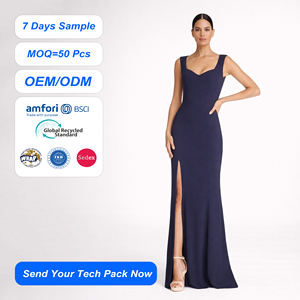 SHENGFU Vestido de Noche Azul Marino sin Mangas con Cuello Halter, Vestido <span class=keywords><strong>Maxi</strong></span> con Cintura Natural y Abertura Alta, Elegante y Ajustado para Mujer, Personalizado OEM - Product Image 1