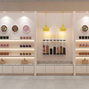 Airy Luxe Bakery & Coffee Market Stall Featuring Glass Display Case, Open Tiered Shelving, and Integrated Warm Lighting - Product Image 2