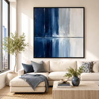 Peinture à l'huile abstraite bleu marine et blanc, art mural texturé minimaliste sur toile, fait main, taille personnalisée, décoration moderne pour hôtel