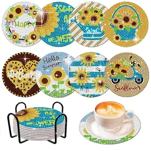 8 Pieces/Set Wholesale Hot Sale DIY Custom Diamond Painting Kit Rhinestone Art Sunflower Style Wooden Coasters