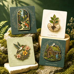 Badges de revers en métal émaillé dur personnalisés, plaqués or, motifs Forêt Écologique, Renard, Jeune arbre, Colibri, Cabane de pluie - Product Image 2