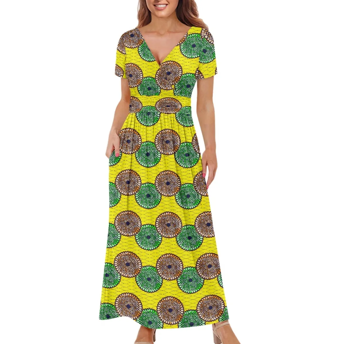Summer Custom African Ankara Print Casual Party Elegant Maxi Long Dresses Women lady V Neck Short Sleeves Ruffle evening Dress