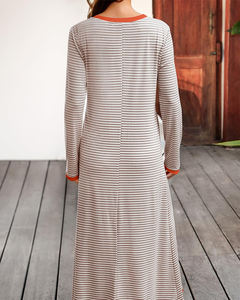 Robe longue à manches longues rayée pour femmes, robe décontractée à longueur de cheville avec poches, col <span class=keywords><strong>rond</strong></span>, bordure contrastée, printemps, automne, usage quotidien - Product Image 5