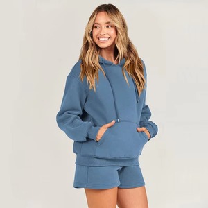 <b>Women's</b> <b>Blue</b> <b>Fleece</b> Hooded Sweatshirt Shorts Set Casual Loose Fit Solid Color Two Piece Outfit All Seasons Wear 100% Cotton - Product Image 6