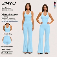 Ensemble de yoga JINYU pour femme - Débardeur à col halter et pantalon évasé sculptant le ventre et rehausseur de fesses - Tenue de sport et de gym