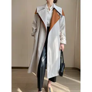 OUDINA 여성을위한 한국 롱 코트 인기있는 대조 패치 워크 캐주얼 윈드 브레이커 자켓 여성 트렌치 코트
