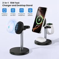 Chargeur magnétique pliable 3-en-1 15W à charge rapide PD Type-C avec support de bureau pour téléphone portable, montre connectée et écouteurs