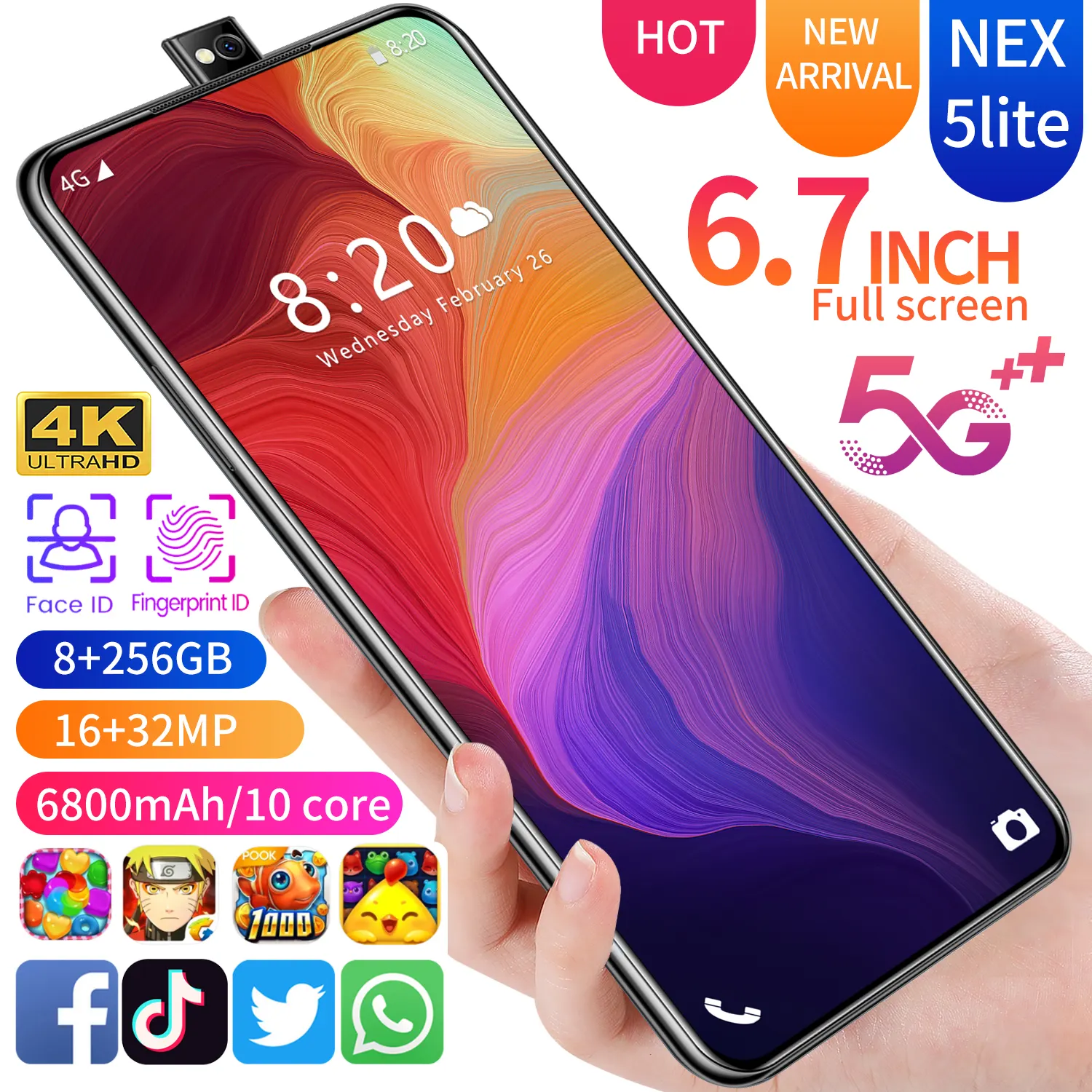 A buon mercato 4G Android 10 HD Pop-up Selfie Camera 6.7 pollici 8GB + 256GB SmartPhone faccia iD sblocco telefono cellulare NEX 5lite telefono