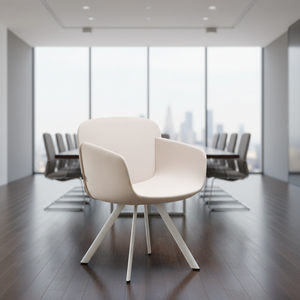 Fauteuil de bureau Viva minimaliste en cuir PU blanc, dossier bas, quatre pieds, base métallique elliptique, structure en bois, accoudoirs fixes, mousse - Product Image 5