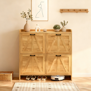 Light Oak Rustic Barn Door Shoe Cabinet 4 Flip Drawers Entryway Organizer Living Room <b>Storage</b> - Product Image 3
